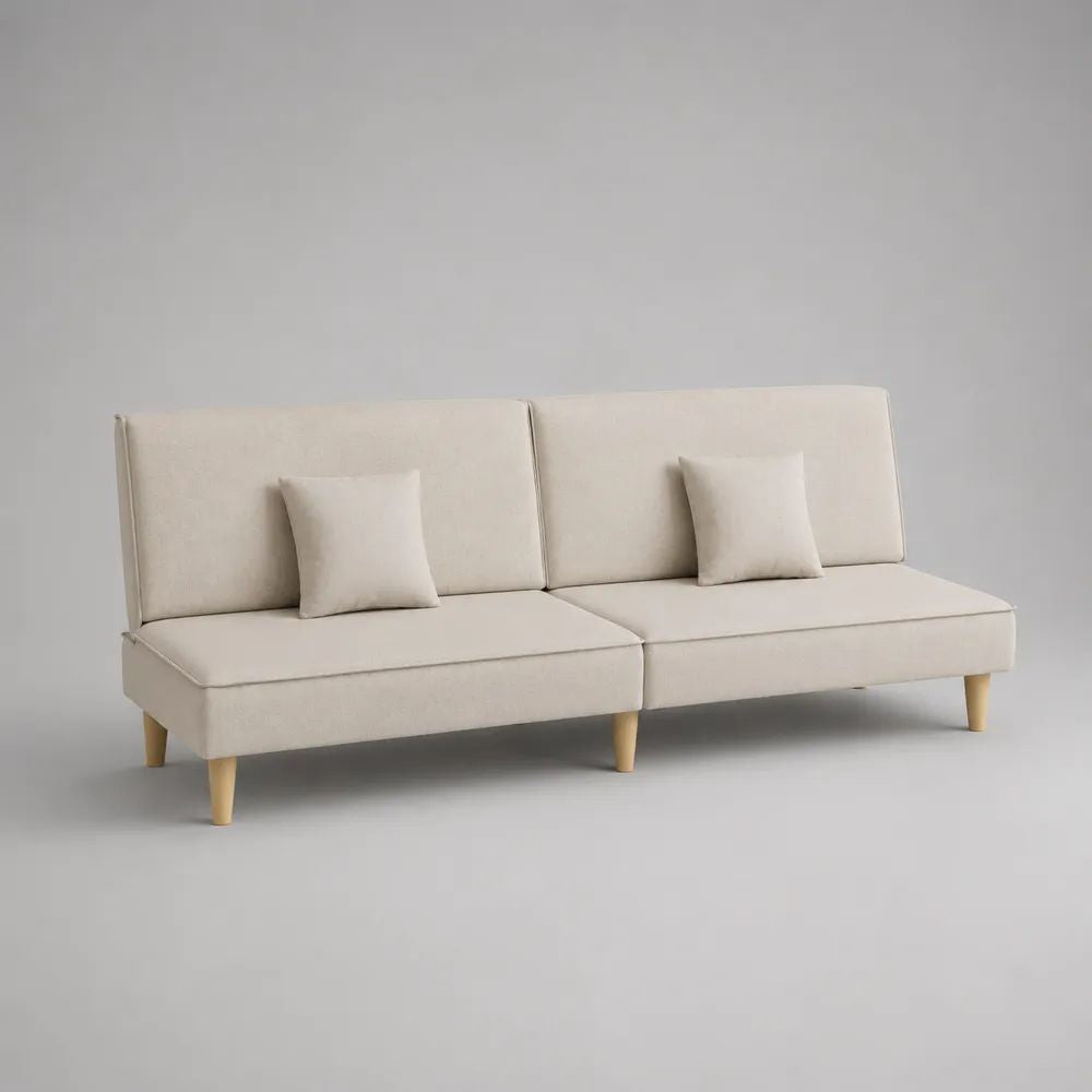 Canapé convertible clic-clac droit 3 places en polyester beige avec pieds en bois, 180 x 82 x 81 cm