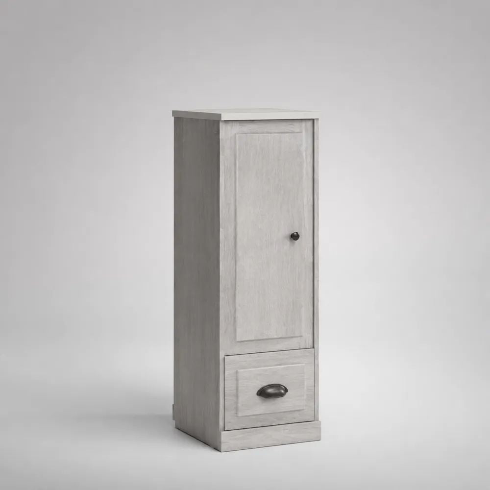 Buffet haut étroit en bois gris blanchi avec 1 porte et 1 tiroir, 40 × 35 × 110 cm
