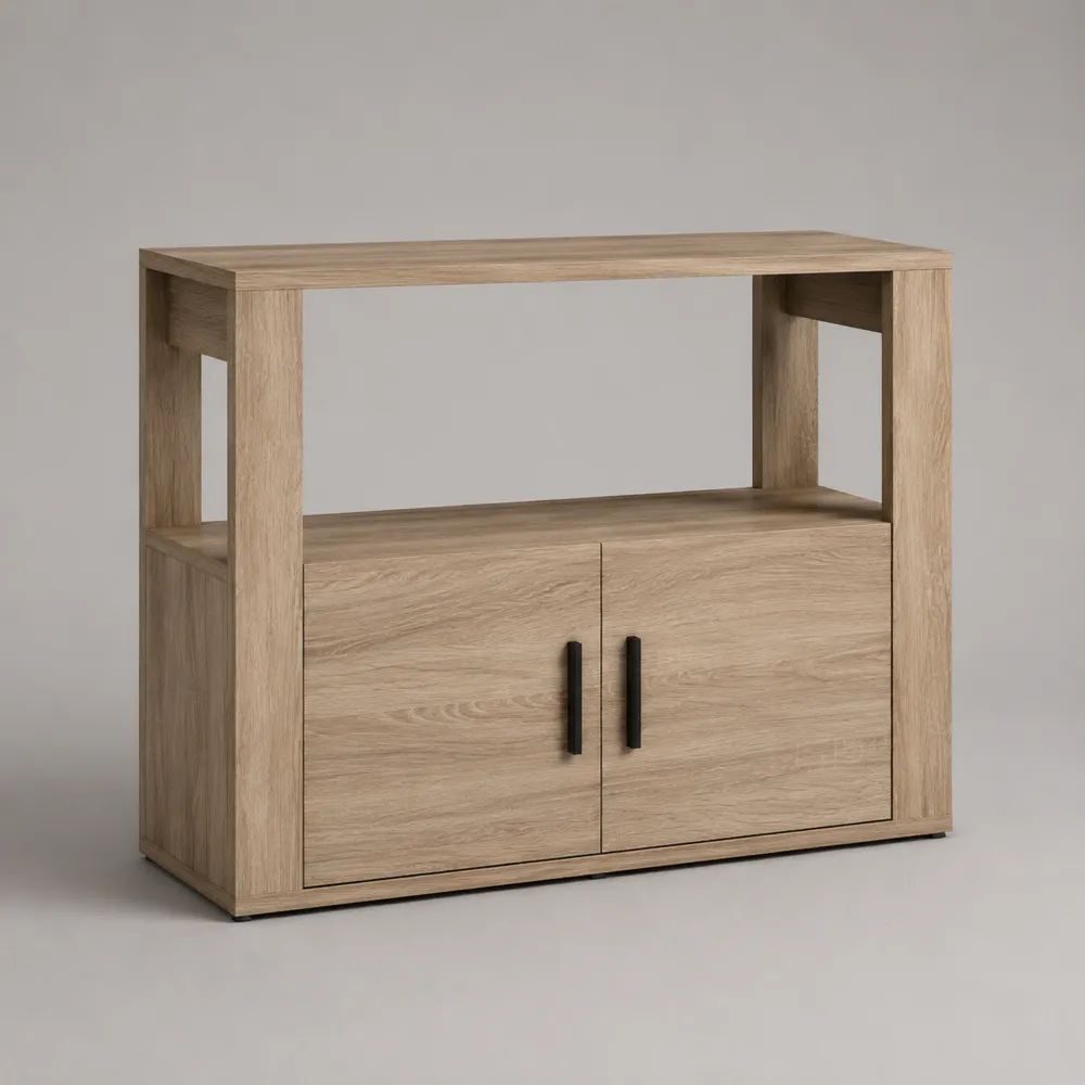 Buffet de rangement en panneaux de particules avec 2 portes et niche ouverte, chêne clair et noir, 100 × 40 × 90 cm