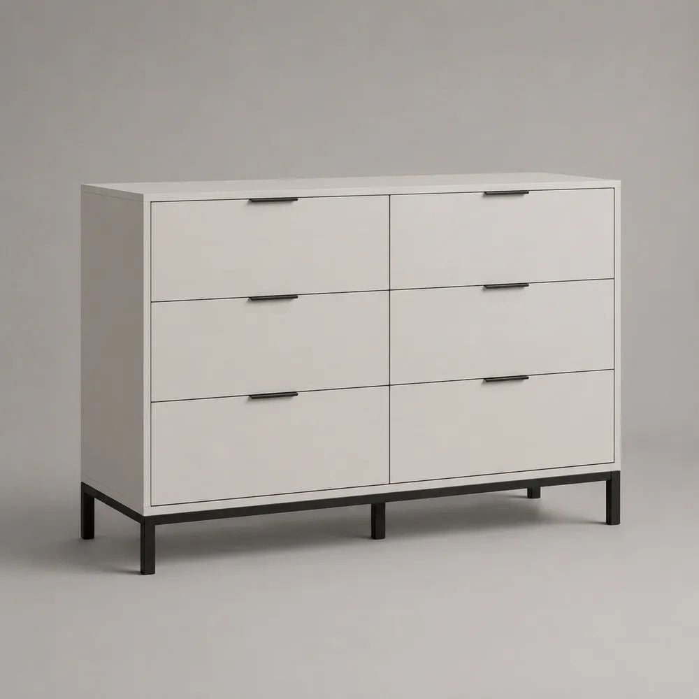 Buffet rectangulaire à 6 tiroirs en bois et acier, blanc et noir, 120 × 40 × 90 cm