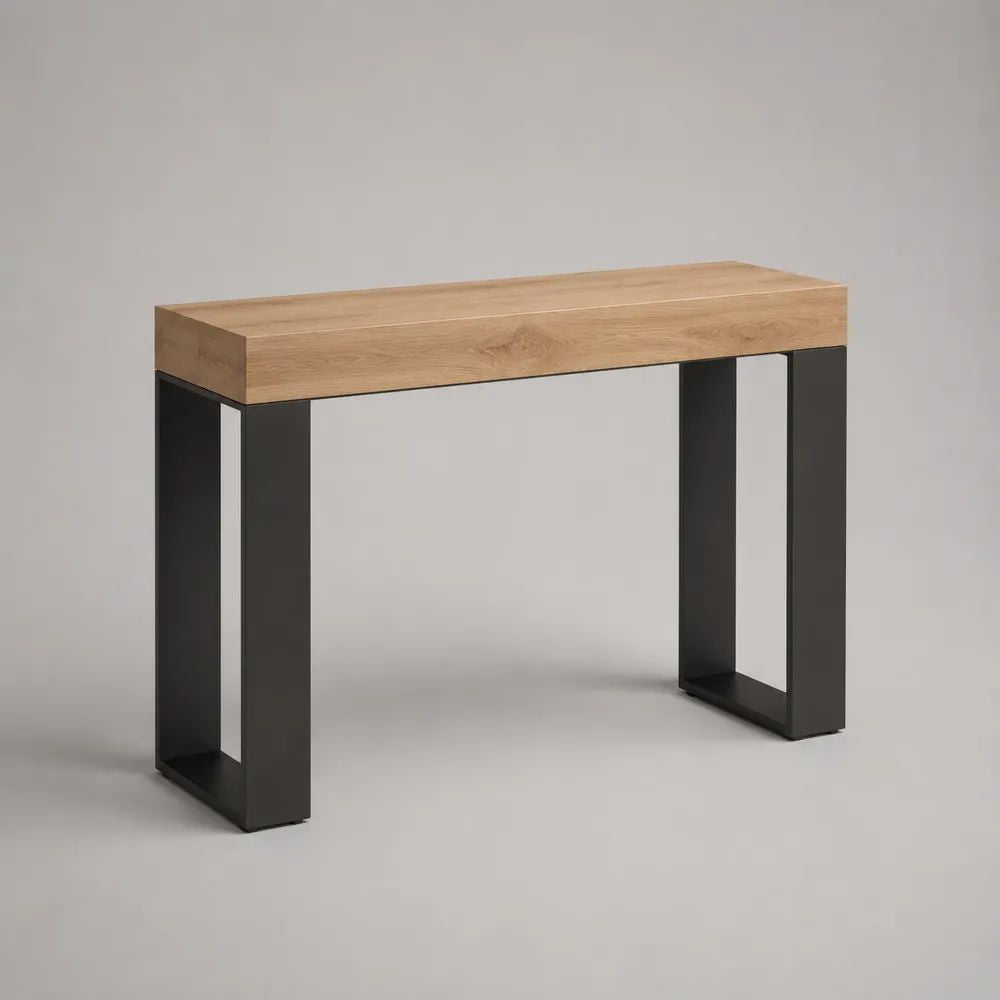 Console d’entrée rectangulaire en bois et acier avec tiroir, chêne naturel et noir, 100 x 30 x 80 cm