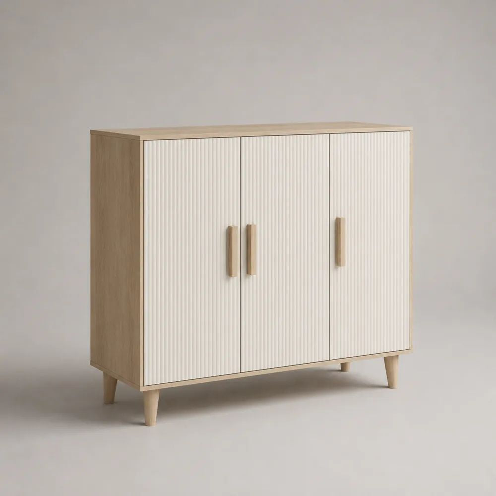 Buffet 3 portes en MDF rainuré et panneau de particules mélaminé, blanc et chêne clair, 120 x 40 x 100 cm