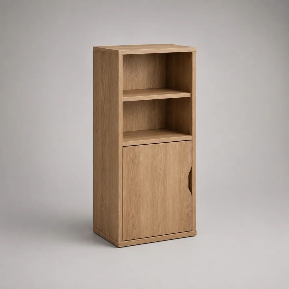 Buffet haut rectangulaire en panneaux de particules avec 2 niches et 1 porte, chêne naturel, 60 × 40 × 130 cm