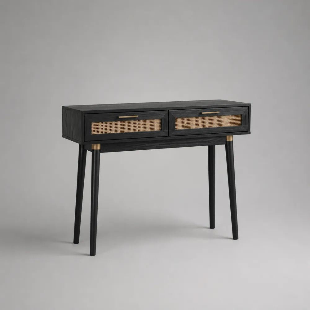 Console d’entrée rectangulaire à 2 tiroirs en MDF plaqué frêne et cannage en rotin, noir/naturel/doré, 90 × 35 × 80 cm
