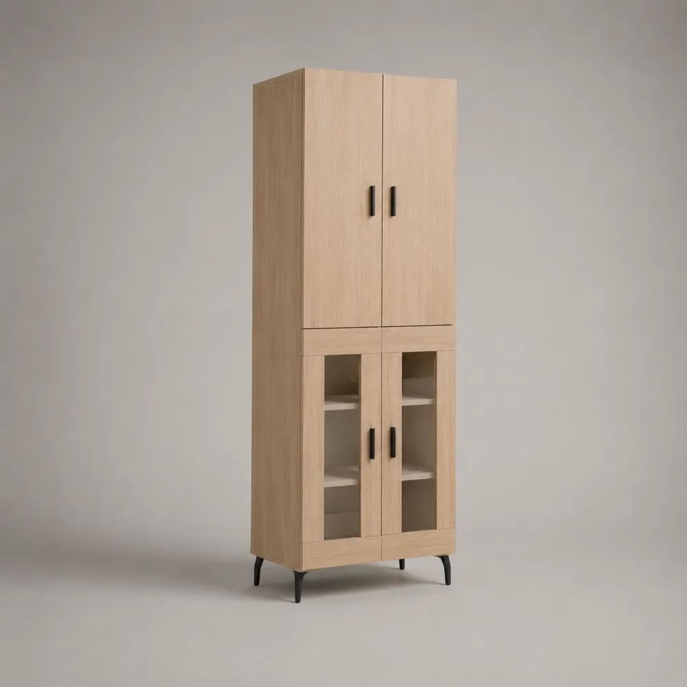 Buffet haut rectangulaire 4 portes en panneaux mélaminés et verre, chêne clair et noir, 70 × 40 × 180 cm