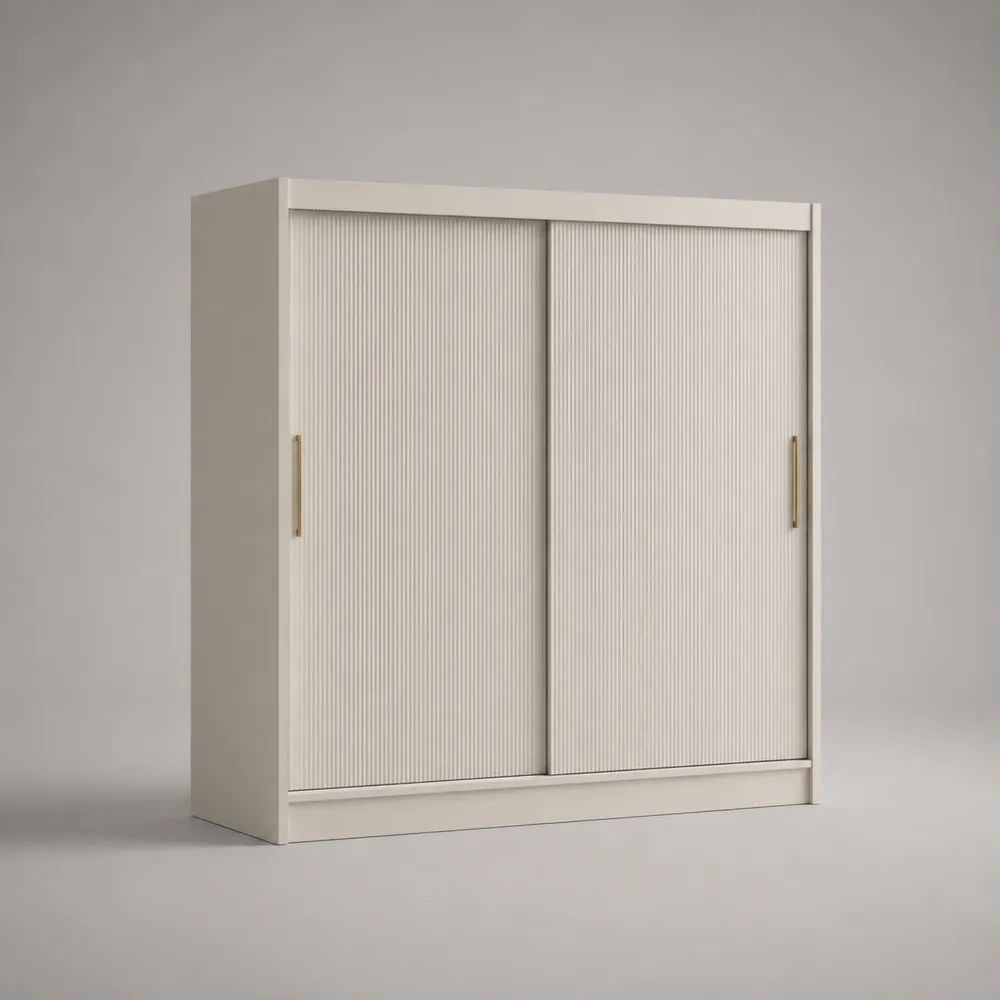 Armoire à 2 portes coulissantes en MDF rainuré et panneaux de particules, blanc cassé, 180 x 60 x 200 cm
