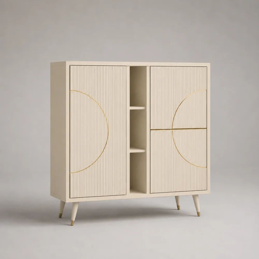 Buffet haut de rangement en MDF cannelé ivoire et doré, 3 portes et 3 niches, 120 x 40 x 125 cm
