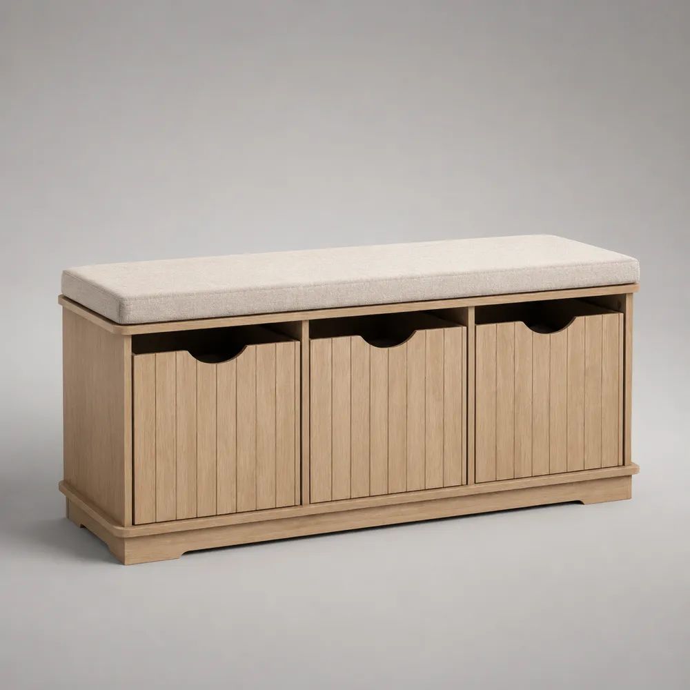 Banc à chaussures avec 3 compartiments de rangement en MDF plaqué chêne, coussin beige, 110 × 35 × 55 cm