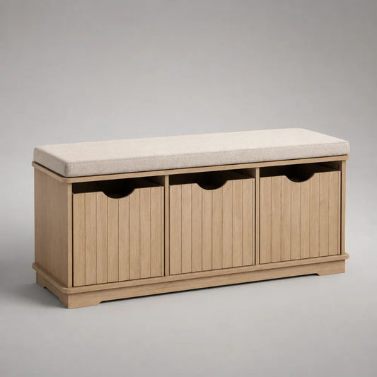 Banc à chaussures avec 3 compartiments de rangement en MDF plaqué chêne, coussin beige, 110 × 35 × 55 cm