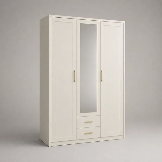 Armoire 3 portes avec miroir et 2 tiroirs en MDF et panneaux de particules blanc et doré, 190 × 120 × 52 cm