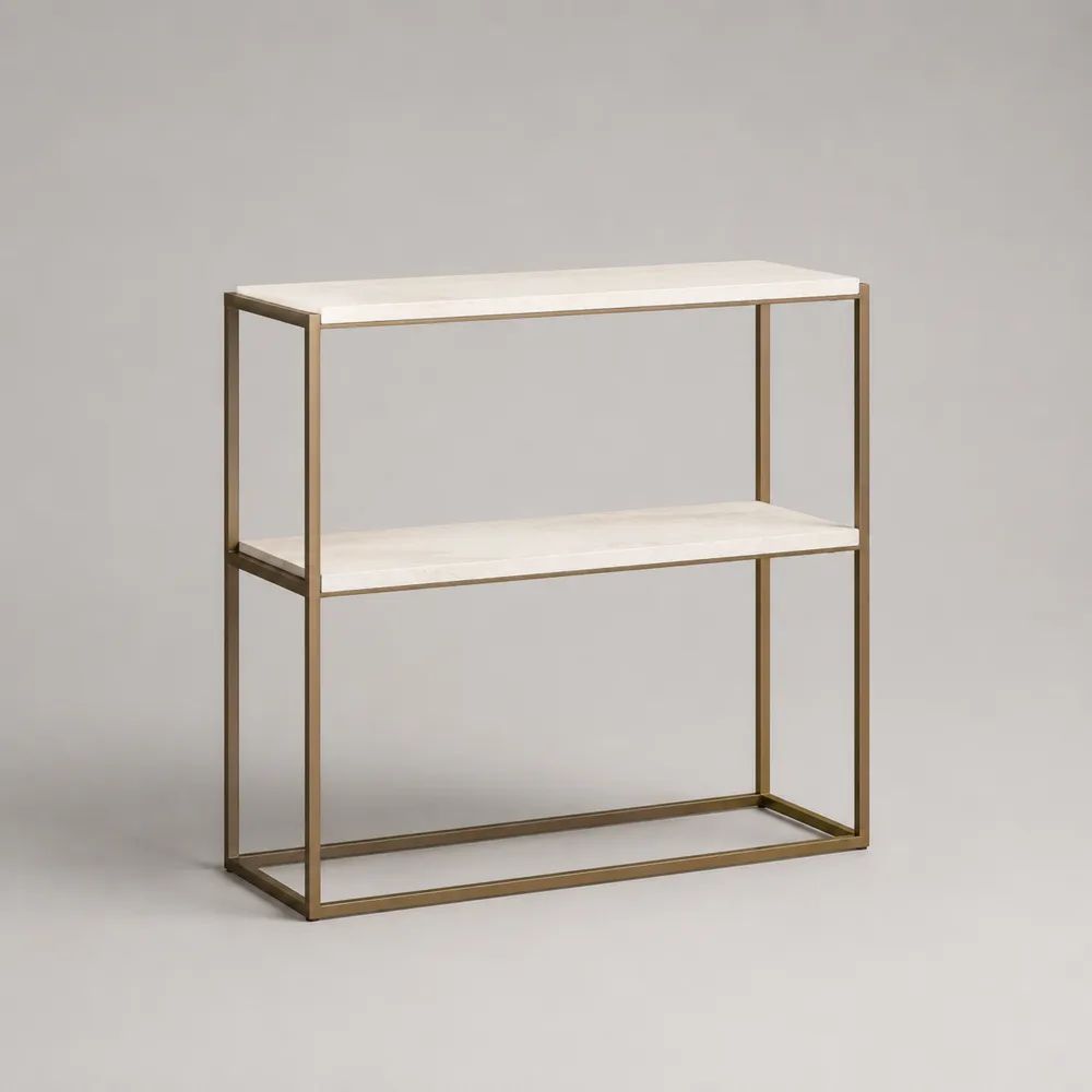 Console rectangulaire à 2 niveaux en métal et bois, blanc et bronze, 100 × 30 × 85 cm