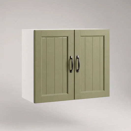 Meuble haut de cuisine rectangulaire à 2 portes en MDF et panneaux de particules, vert sauge et blanc, 80 × 32 × 70 cm