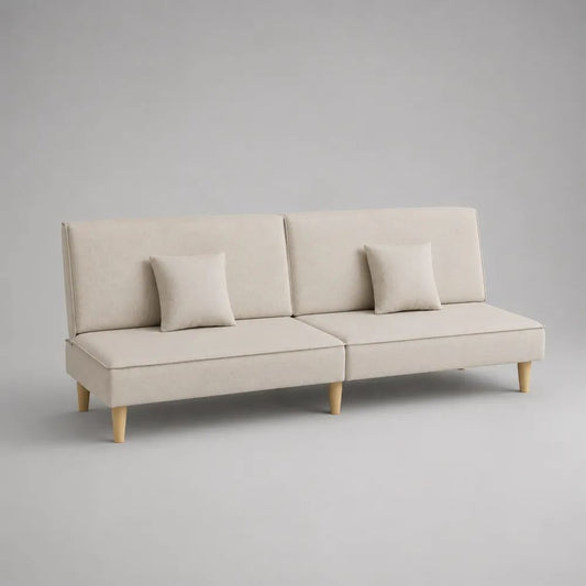 Canapé convertible clic-clac droit 3 places en polyester beige avec pieds en bois, 180 x 82 x 81 cm