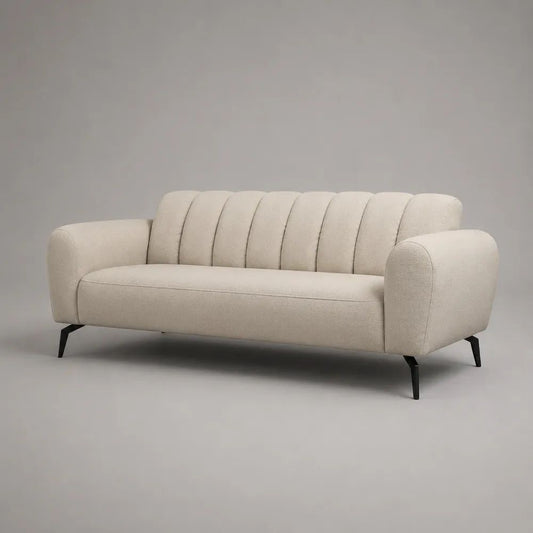 Canapé droit 3 places en polyester bouclé crème avec pieds en acier noir, 210 x 88 x 82 cm