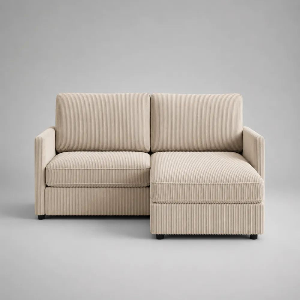 Canapé d’angle modulable 2 places avec méridienne droite en velours côtelé polyester beige, 180 × 130 × 83 cm
