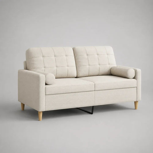 Canapé droit 2 places en polyester ivoire avec pieds en bois, 158 × 82 × 85 cm