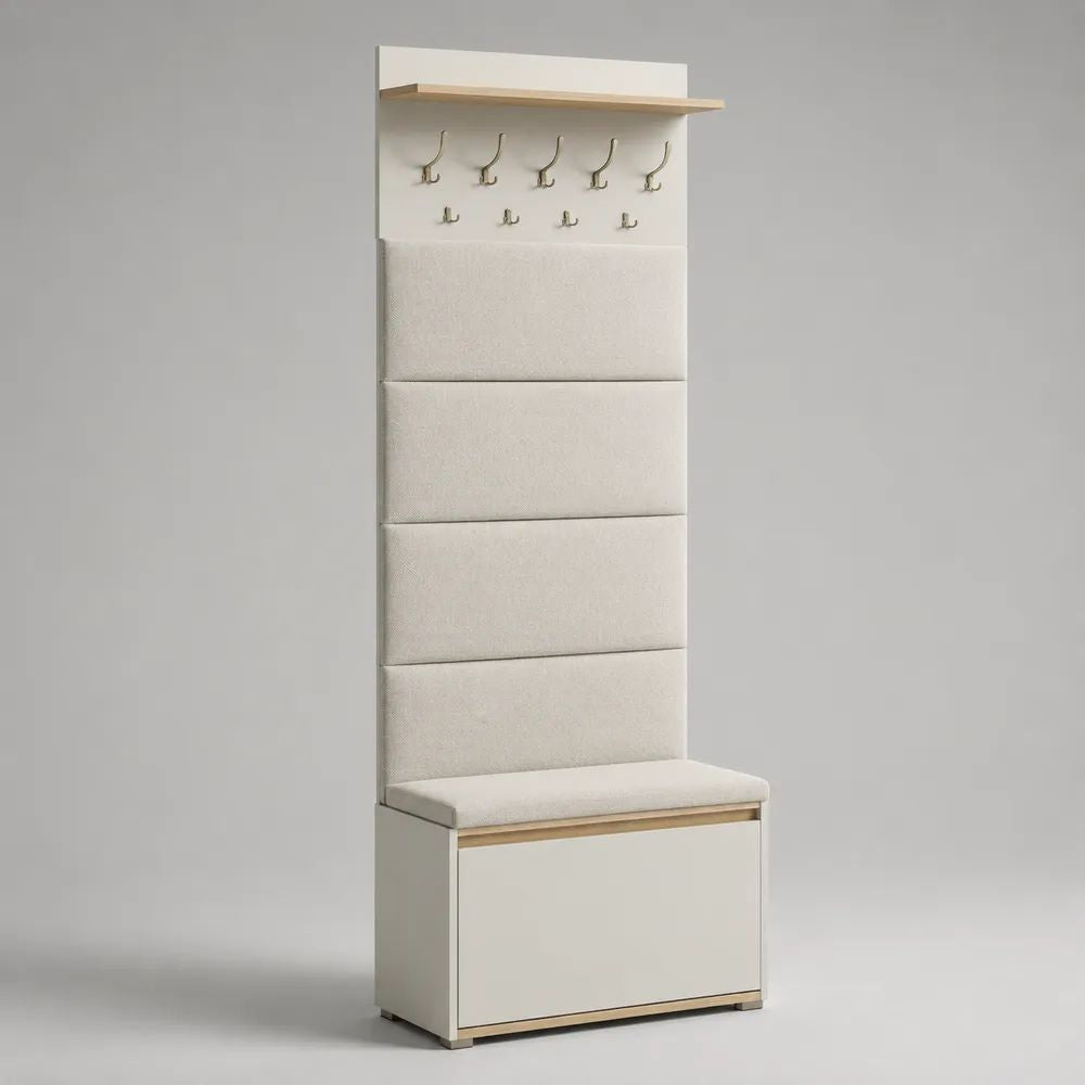 Vestiaire d’entrée avec meuble à chaussures, banc rembourré, tablette et 9 crochets, bois, tissu et métal, blanc cassé, beige clair et chêne naturel, 80 × 40 × 200 cm