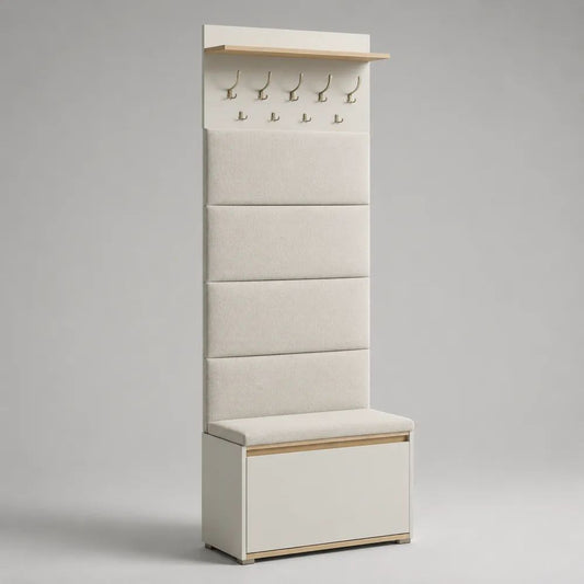 Vestiaire d’entrée avec meuble à chaussures, banc rembourré, tablette et 9 crochets, bois, tissu et métal, blanc cassé, beige clair et chêne naturel, 80 × 40 × 200 cm