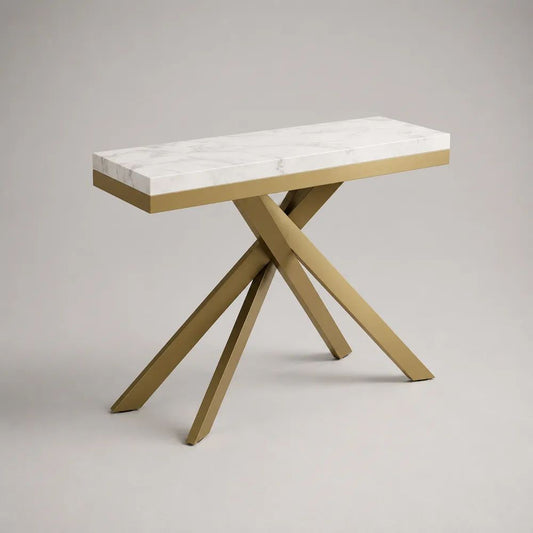 Console d’entrée rectangulaire en MDF effet marbre blanc et métal doré, 100 × 35 × 80 cm