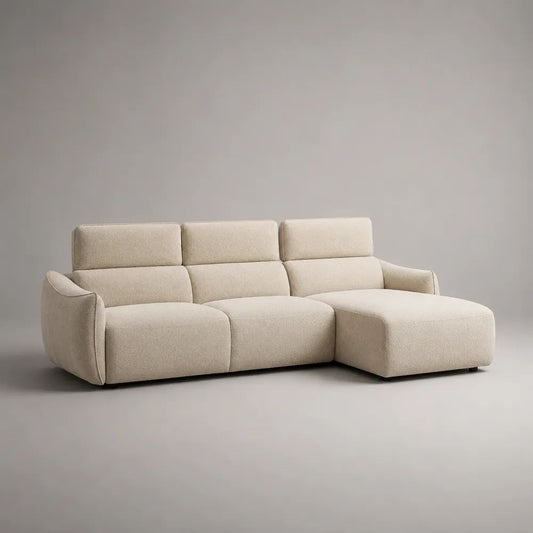 Canapé d’angle 3 places en tissu bouclé écru avec méridienne droite, 280 × 170 × 95 cm