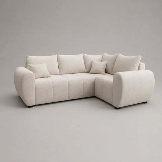 Canapé d’angle 4 places en tissu bouclé polyester blanc cassé avec méridienne droite, 255 × 180 × 88 cm