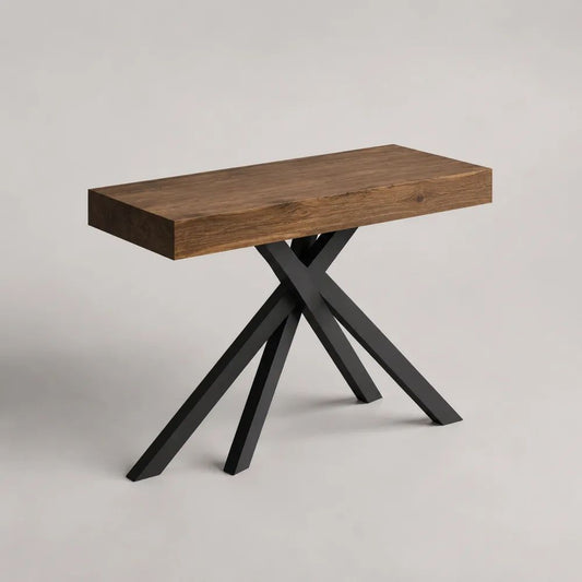 Console rectangulaire en MDF plaqué chêne et métal noir, 100 × 35 × 80 cm