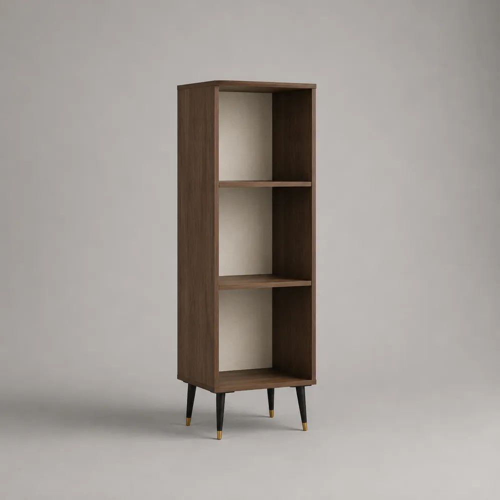 Buffet haut ouvert à 3 niches en bois, décor noyer brun, pieds en métal noir et doré, 50 × 35 × 150 cm