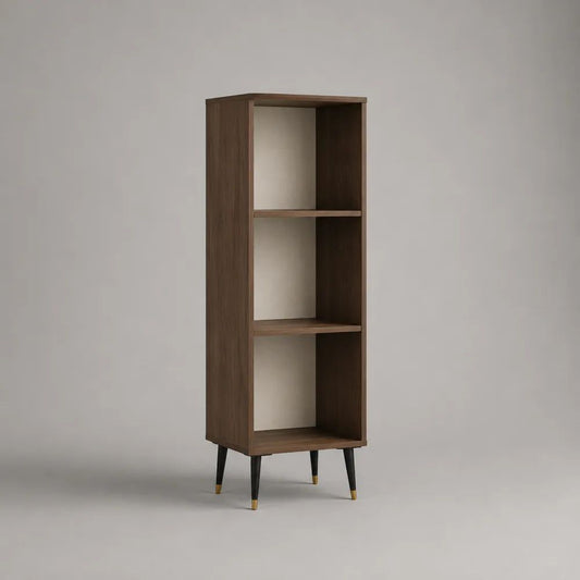 Buffet haut ouvert à 3 niches en bois, décor noyer brun, pieds en métal noir et doré, 50 × 35 × 150 cm