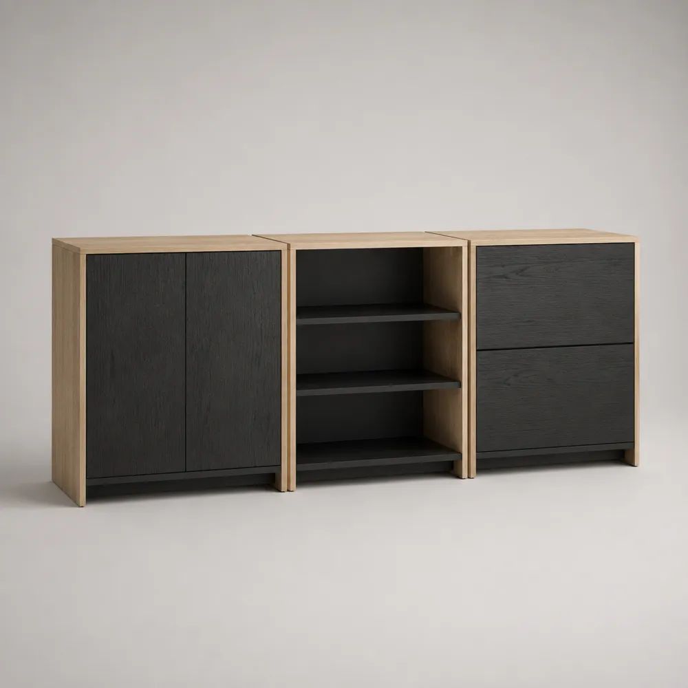 Buffet modulaire rectangulaire 3 éléments en panneaux de particules, chêne naturel et noir, 180 × 40 × 80 cm