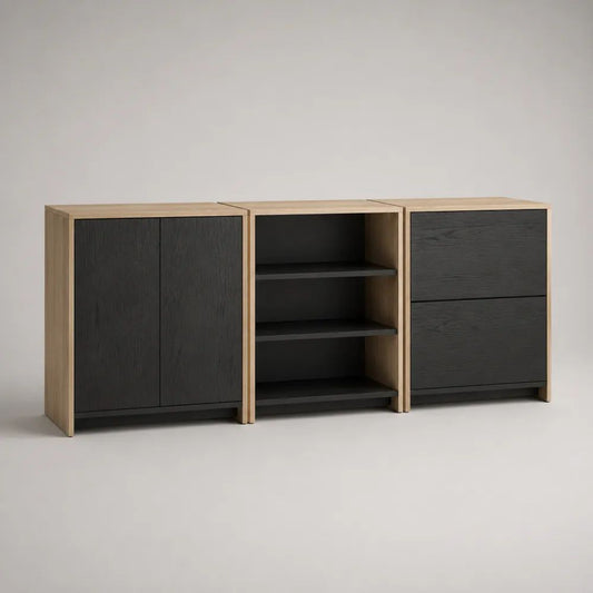 Buffet modulaire rectangulaire 3 éléments en panneaux de particules, chêne naturel et noir, 180 × 40 × 80 cm