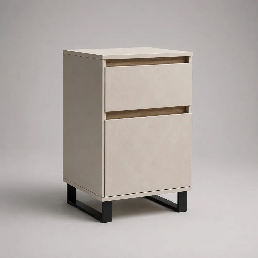 Buffet étroit rectangulaire à 2 compartiments en MDF et acier, beige, chêne naturel et noir, 45 × 40 × 80 cm