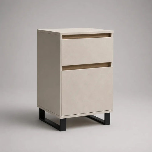 Buffet étroit rectangulaire à 2 compartiments en MDF et acier, beige, chêne naturel et noir, 45 × 40 × 80 cm