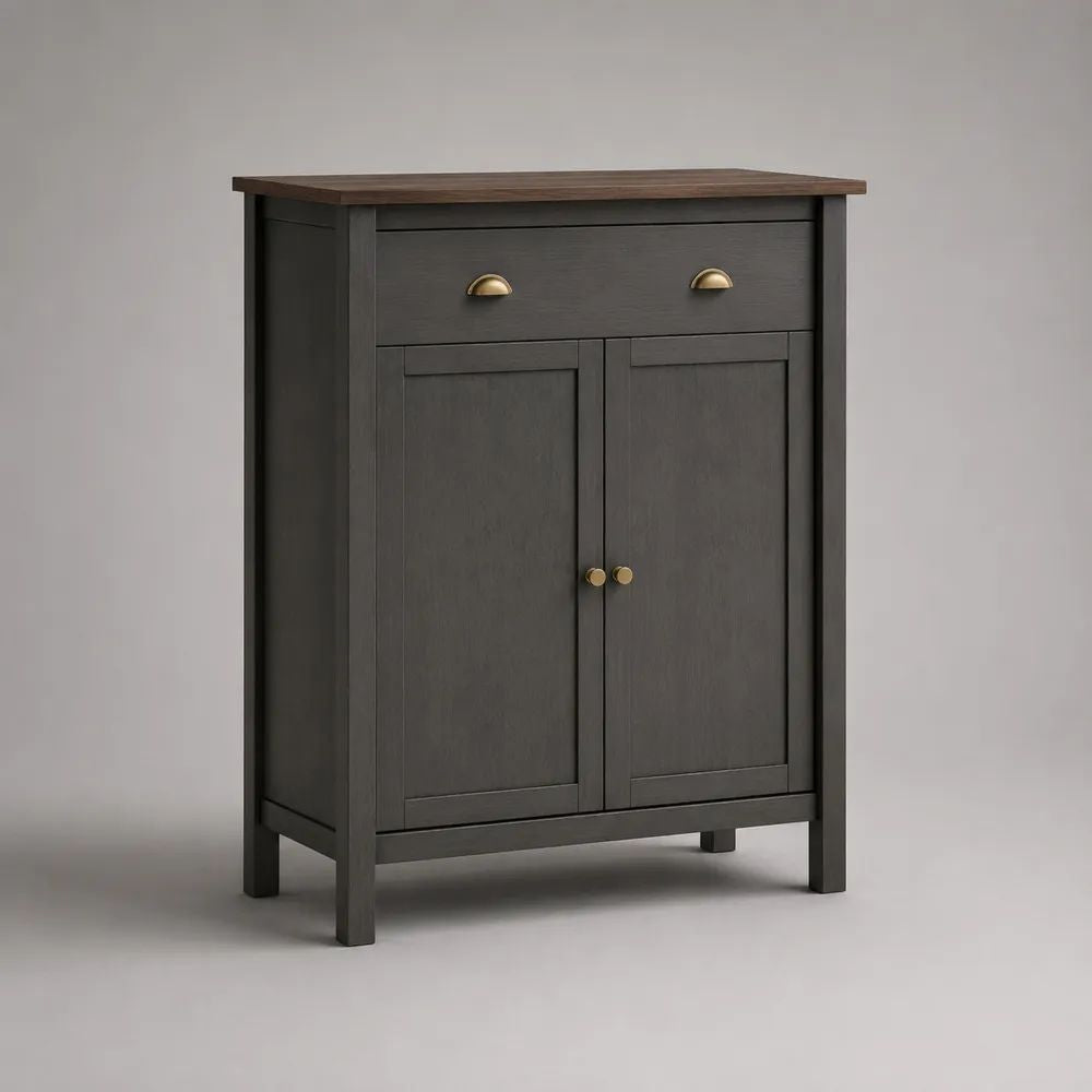 Buffet haut rectangulaire en MDF noir et brun, 2 portes et 1 tiroir, poignées dorées, 80 × 35 × 100 cm