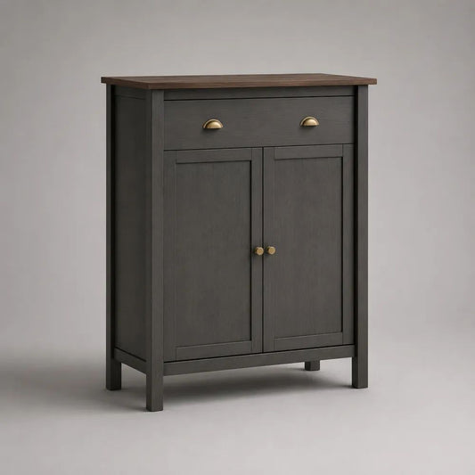 Buffet haut rectangulaire en MDF noir et brun, 2 portes et 1 tiroir, poignées dorées, 80 × 35 × 100 cm