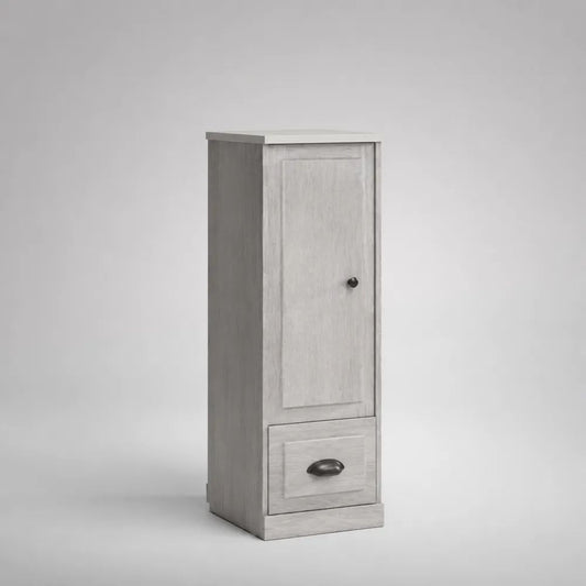 Buffet haut étroit en bois gris blanchi avec 1 porte et 1 tiroir, 40 × 35 × 110 cm