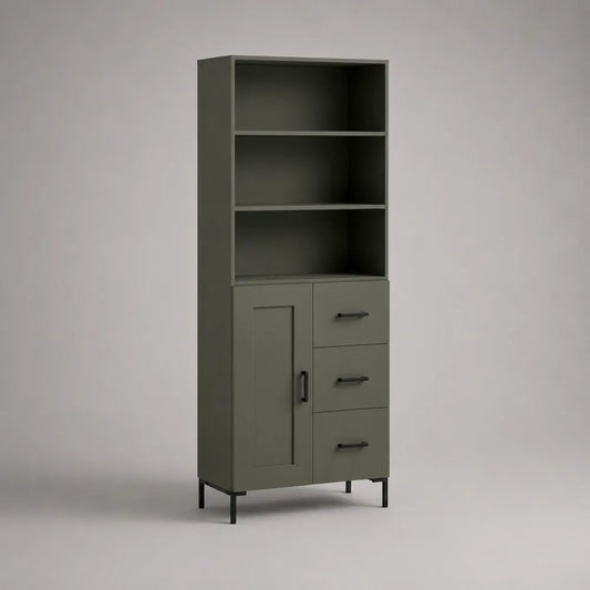 Buffet haut rectangulaire en MDF et acier vert olive et noir, 80 x 40 x 180 cm