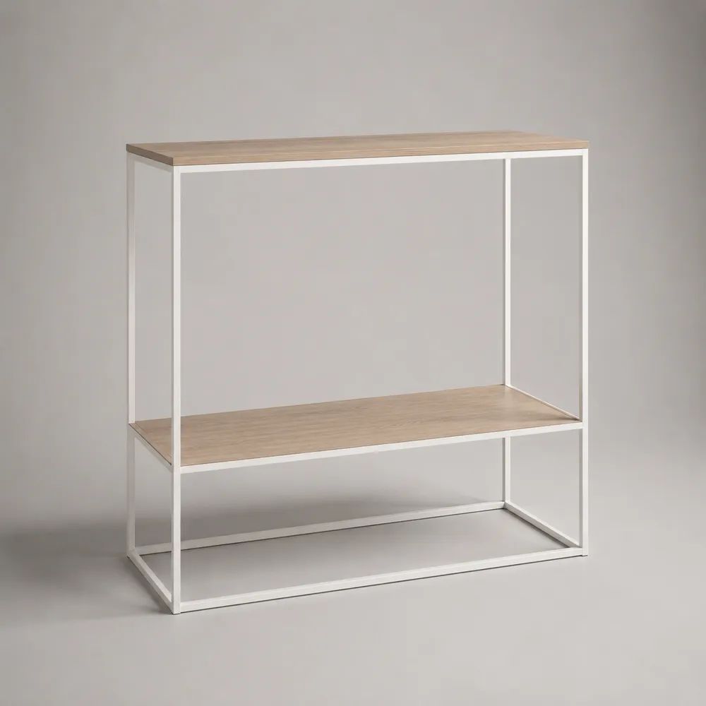 Console rectangulaire en bois et acier avec étagère, 100 × 30 × 90 cm, chêne clair et blanc