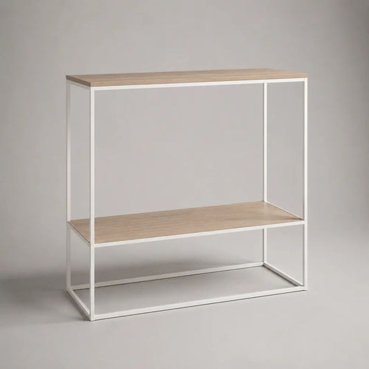 Console rectangulaire en bois et acier avec étagère, 100 × 30 × 90 cm, chêne clair et blanc