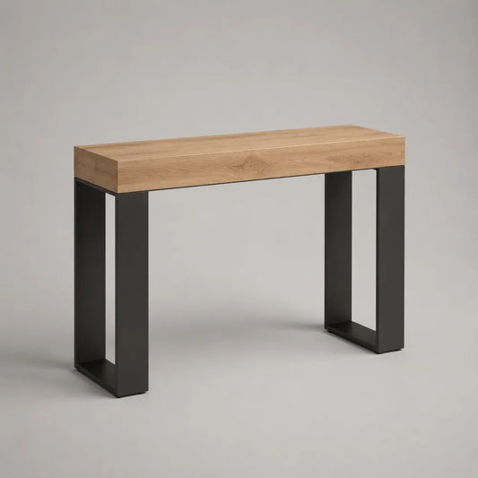 Console d’entrée rectangulaire en bois et acier avec tiroir, chêne naturel et noir, 100 x 30 x 80 cm