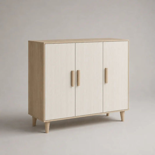 Buffet 3 portes en MDF rainuré et panneau de particules mélaminé, blanc et chêne clair, 120 x 40 x 100 cm