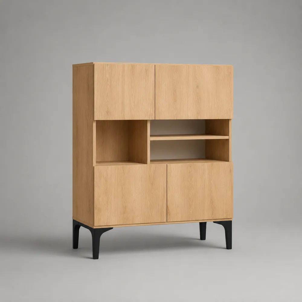 Buffet haut rectangulaire à 4 portes avec niches, en MDF plaqué chêne clair et pieds en acier noir, 100 × 40 × 140 cm