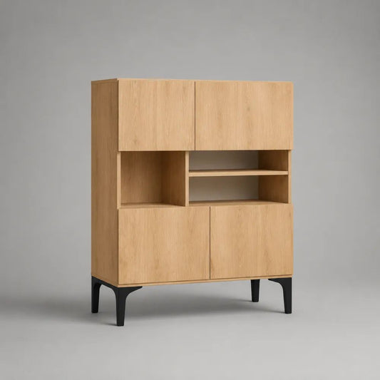 Buffet haut rectangulaire à 4 portes avec niches, en MDF plaqué chêne clair et pieds en acier noir, 100 × 40 × 140 cm
