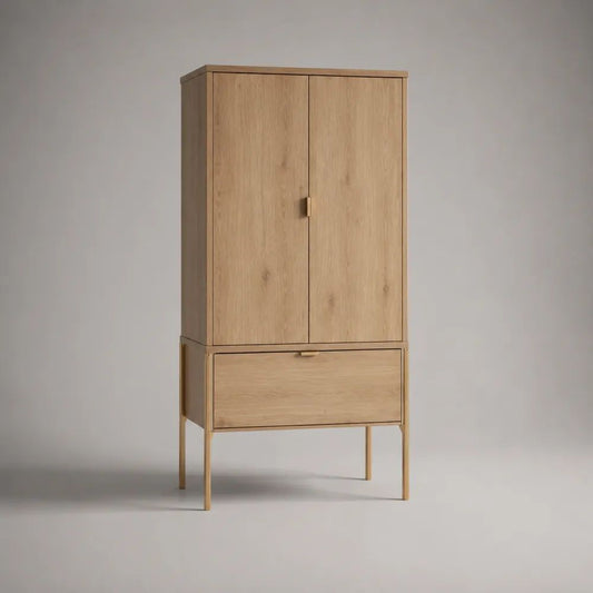 Buffet haut à 2 portes et 1 tiroir en MDF plaqué chêne et acier beige doré, 80 × 40 × 160 cm