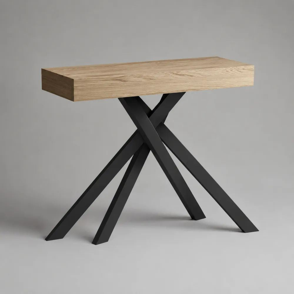 Table console rectangulaire en MDF plaqué chêne et acier noir, 100 × 35 × 80 cm