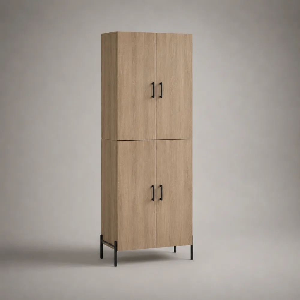 Buffet haut rectangulaire à 4 portes en bois et métal, chêne clair et noir, 80 × 40 × 180 cm