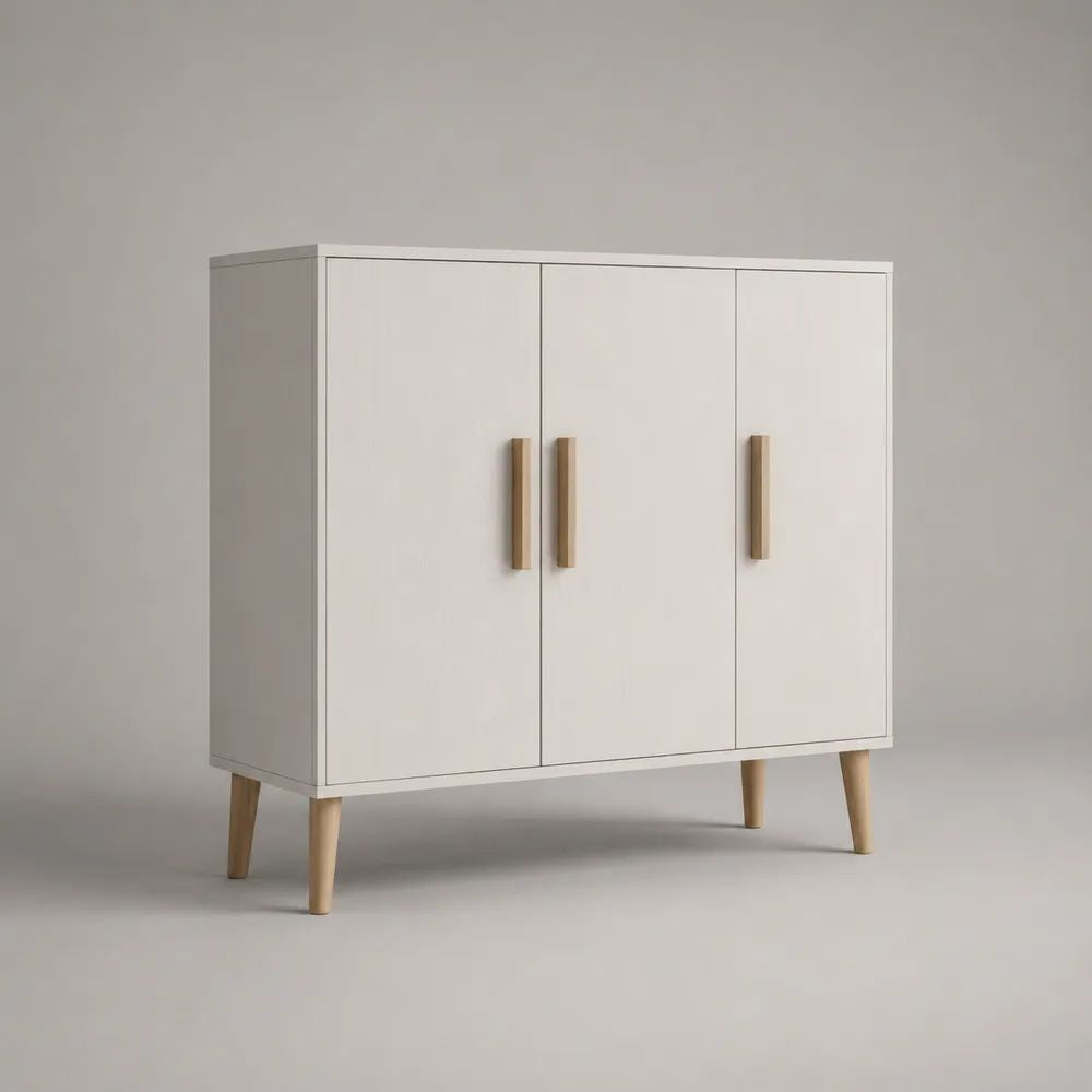 Buffet rectangulaire 3 portes en MDF mélaminé blanc et pin massif, 120 × 40 × 100 cm