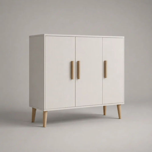 Buffet rectangulaire 3 portes en MDF mélaminé blanc et pin massif, 120 × 40 × 100 cm