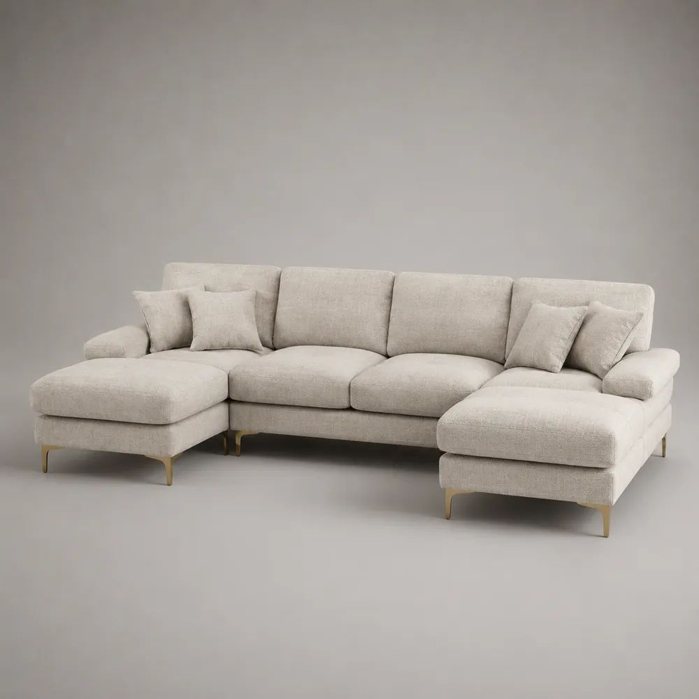 Canapé panoramique en U 4 places en tissu beige avec double méridienne, 320 x 160 x 86 cm