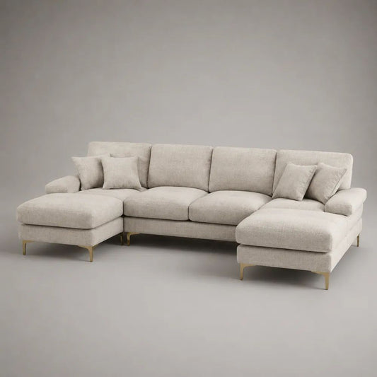 Canapé panoramique en U 4 places en tissu beige avec double méridienne, 320 x 160 x 86 cm