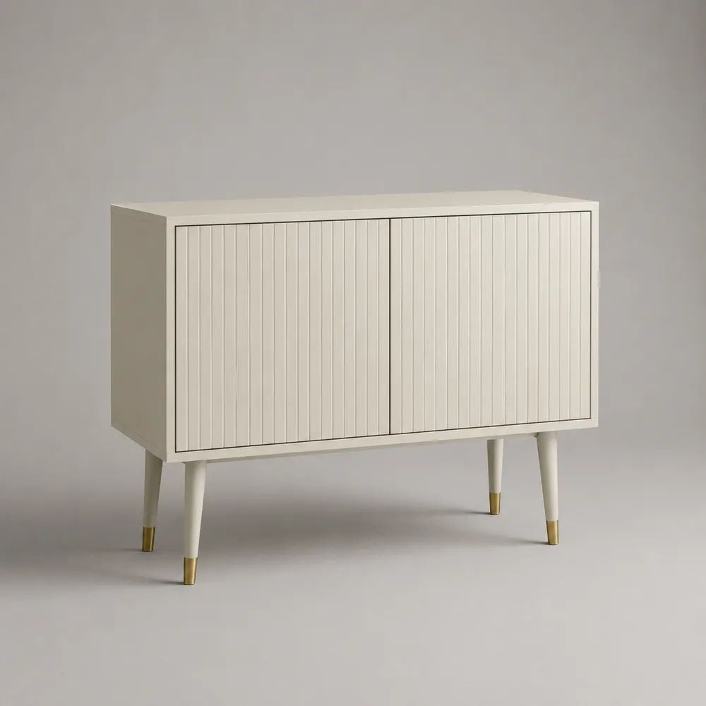 Buffet bas rectangulaire à 2 portes en MDF rainuré blanc cassé et doré, 100 × 40 × 80 cm
